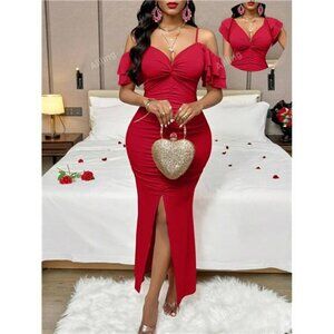 Women's Plus Size Red Dress Formal Evening Party Prom Long Maxi Slit Dress, XL